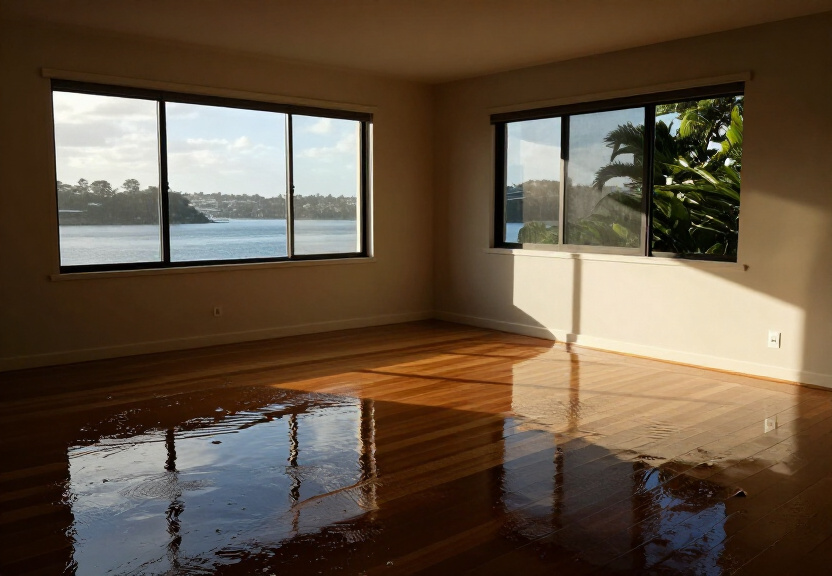 Water-damaged timber floor in a Freshwater home before drying